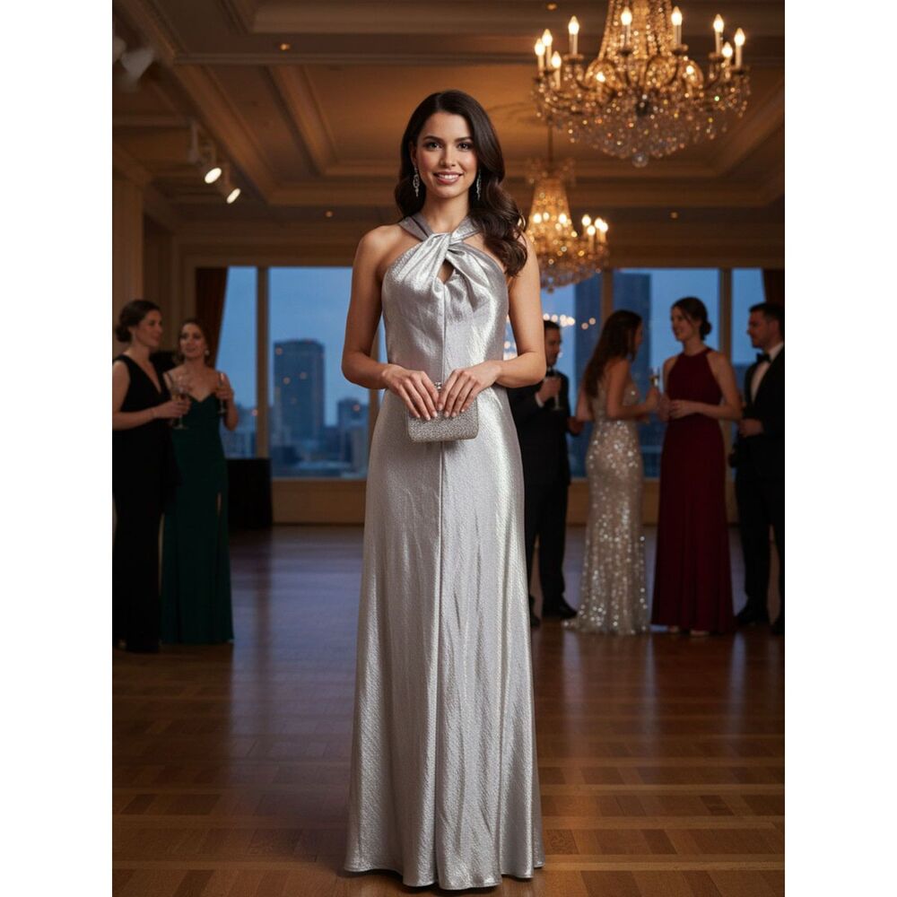Antonio Melani Silver Gray Cross Front Maxi Dress NWT Size 6
